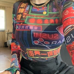 Colorful Graphic Long Sleeve Black Mesh Top